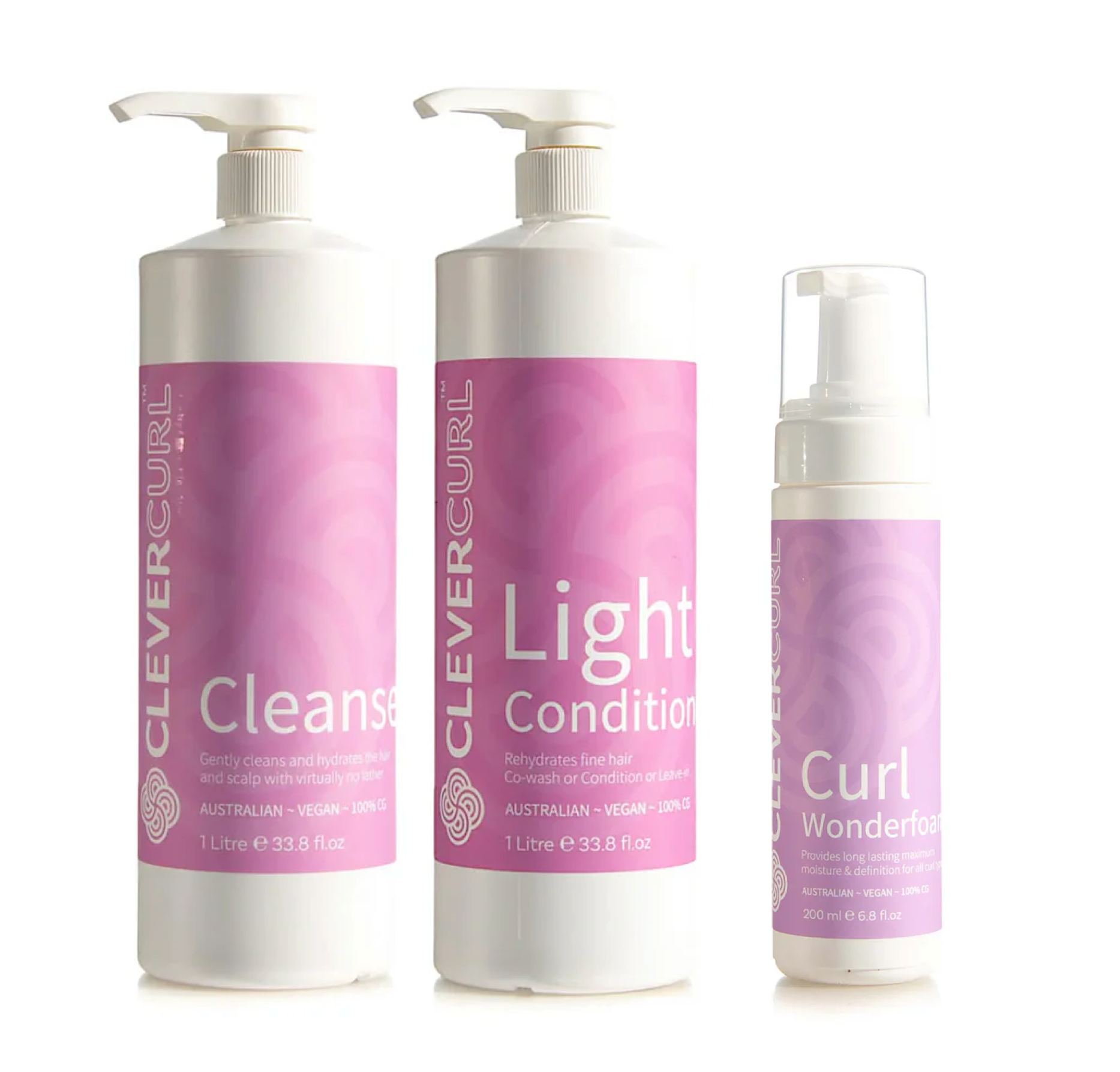 Clever Curl Cleanser Shampoo and Light Conditioner 1000ml + Wonderfoam (3pc)