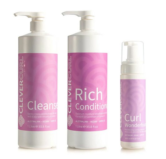 Clever Curl Cleanser Shampoo and Rich Conditioner 1000ml + Wonderfoam (3pc)