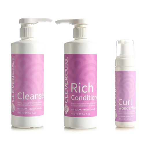 Clever Curl Cleanser Shampoo and Rich Conditioner 450ml + Wonderfoam (3pc)