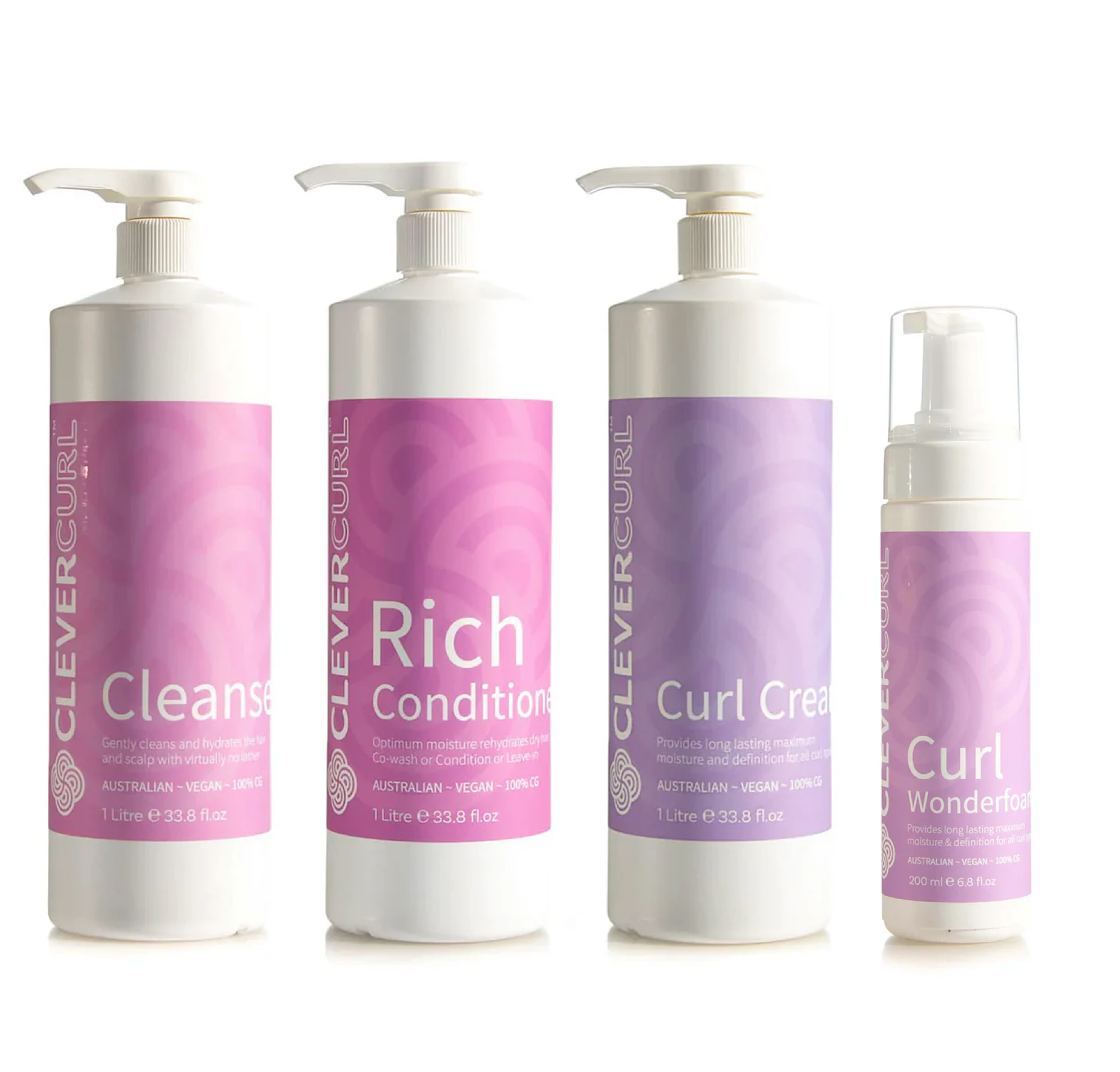 Clever Curl Cleanser and Rich Conditioner 1000ml + Curl Cream + Wonderfoam (4pc)