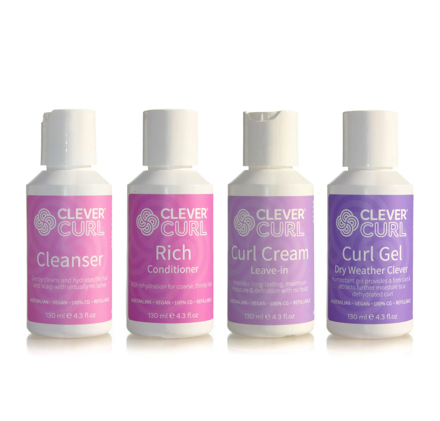 Clever Curl Cleanser and Rich Conditioner 100ml + Curl Cream, Dry Curl Gel 100ml Kit (4pc)