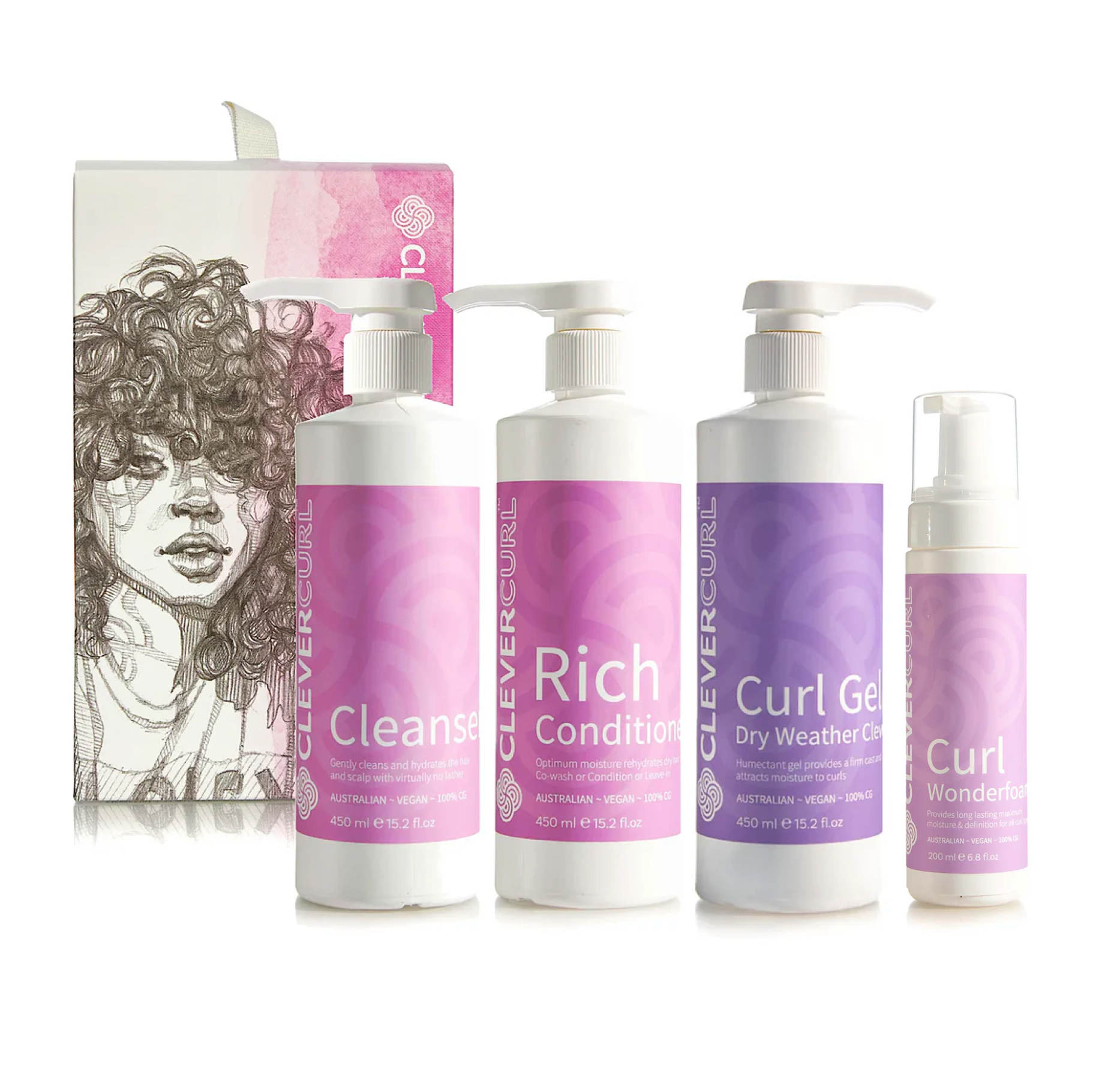 Clever Curl Cleanser and Rich Conditioner 450ml + Dry Weather Gel + Wonderfoam (4pc)