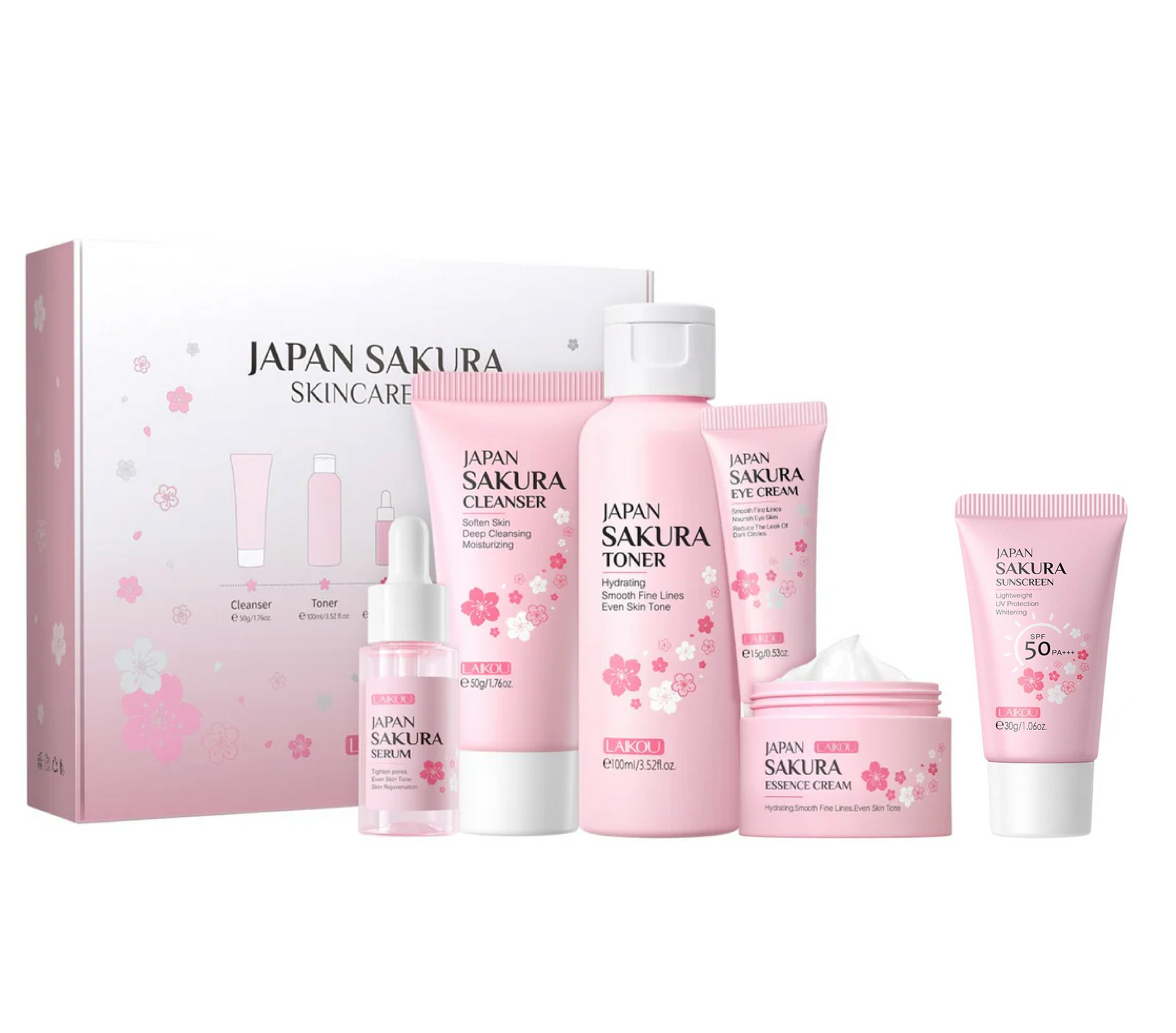 Laikou Japan Sakura Skincare Set Face Cream Serum Toner Cleanser Sunscreen (6pc)