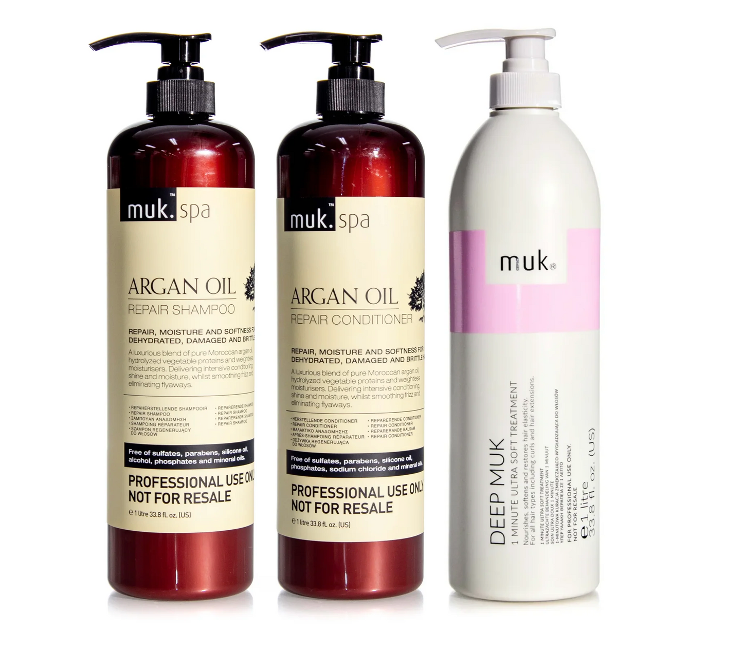 Muk Spa Argan Oil Repair Shampoo and Conditioner 1000ml + Deep Treatment Trio